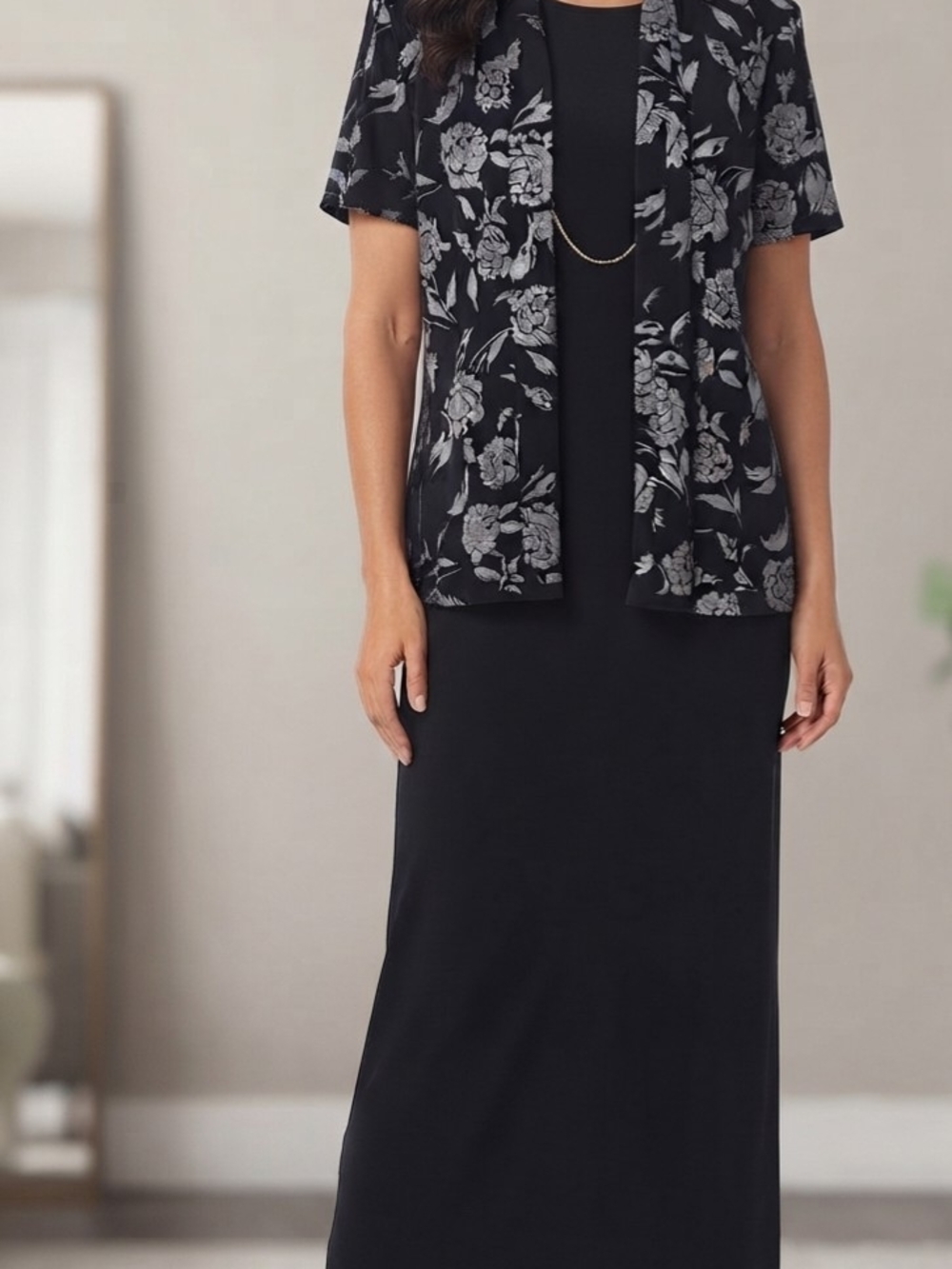 Vintage R&M Richards Karen Kwong Black Metallic Floral 2-Piece Maxi Dress L-XL